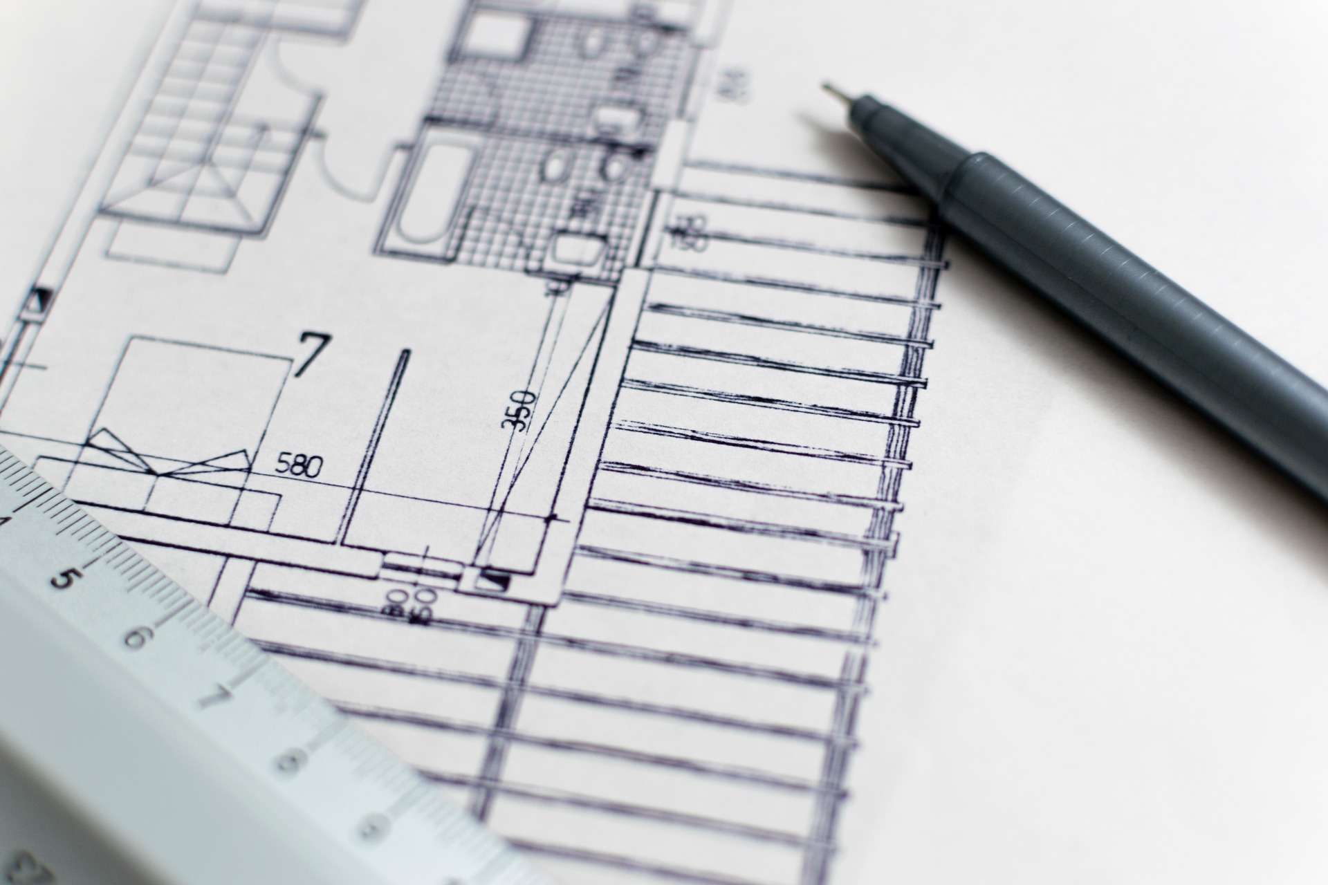 Photograph of more detailed blueprint documents